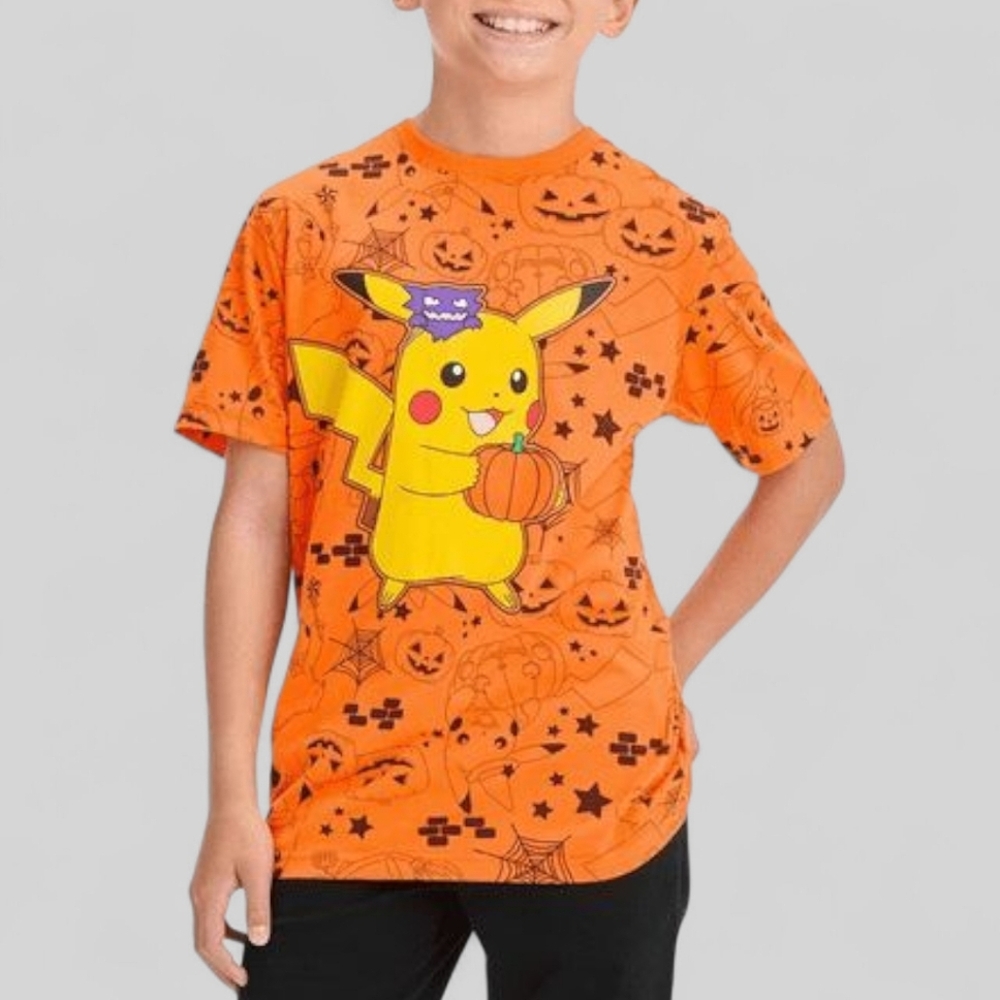 Pokémon Hybrid Boys’ Halloween Pikachu T-Shirt – Size L (10/12) Orange
